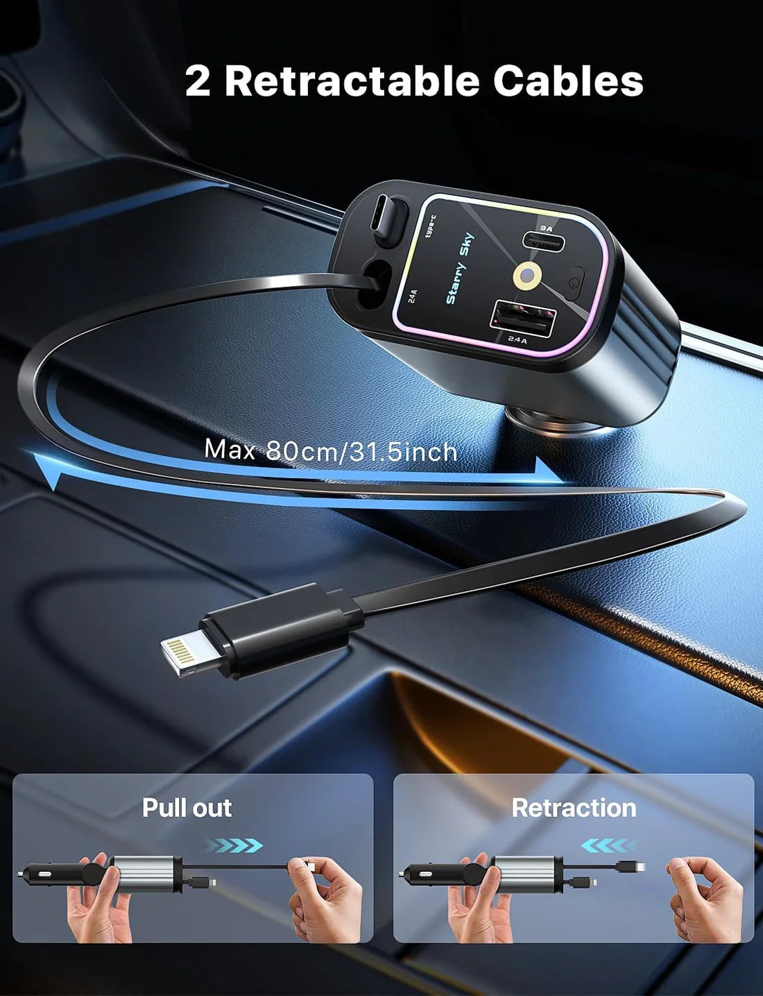 4 In 1 Retractable Car Charger 66W with Star Projection Night Light