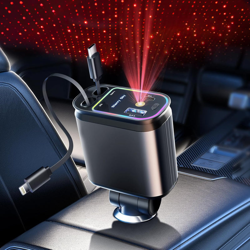 4 In 1 Retractable Car Charger 66W with Star Projection Night Light